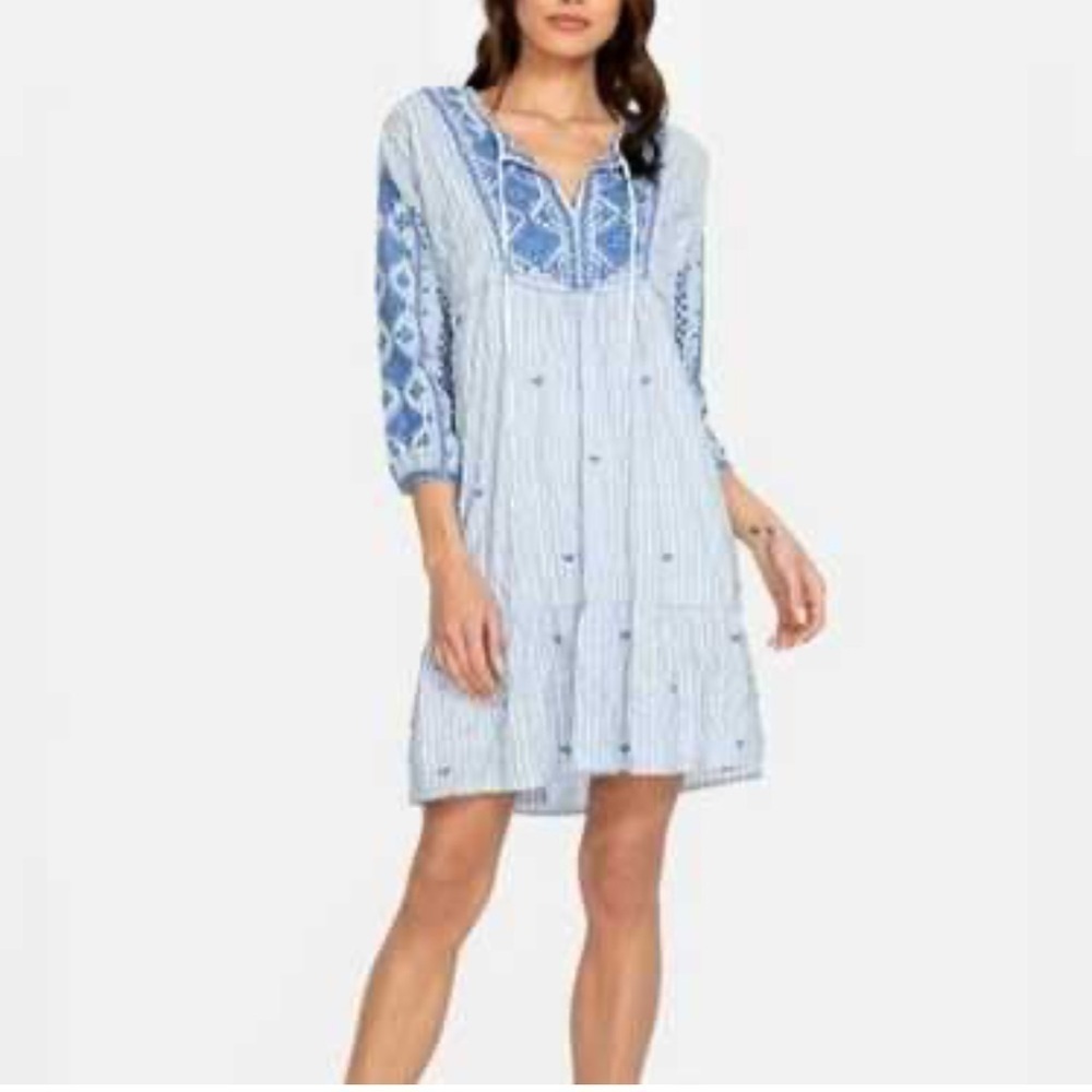 Johnny Was Workshop Tunic Dress Azure Effortless Boho Stripe Embroidered Size S